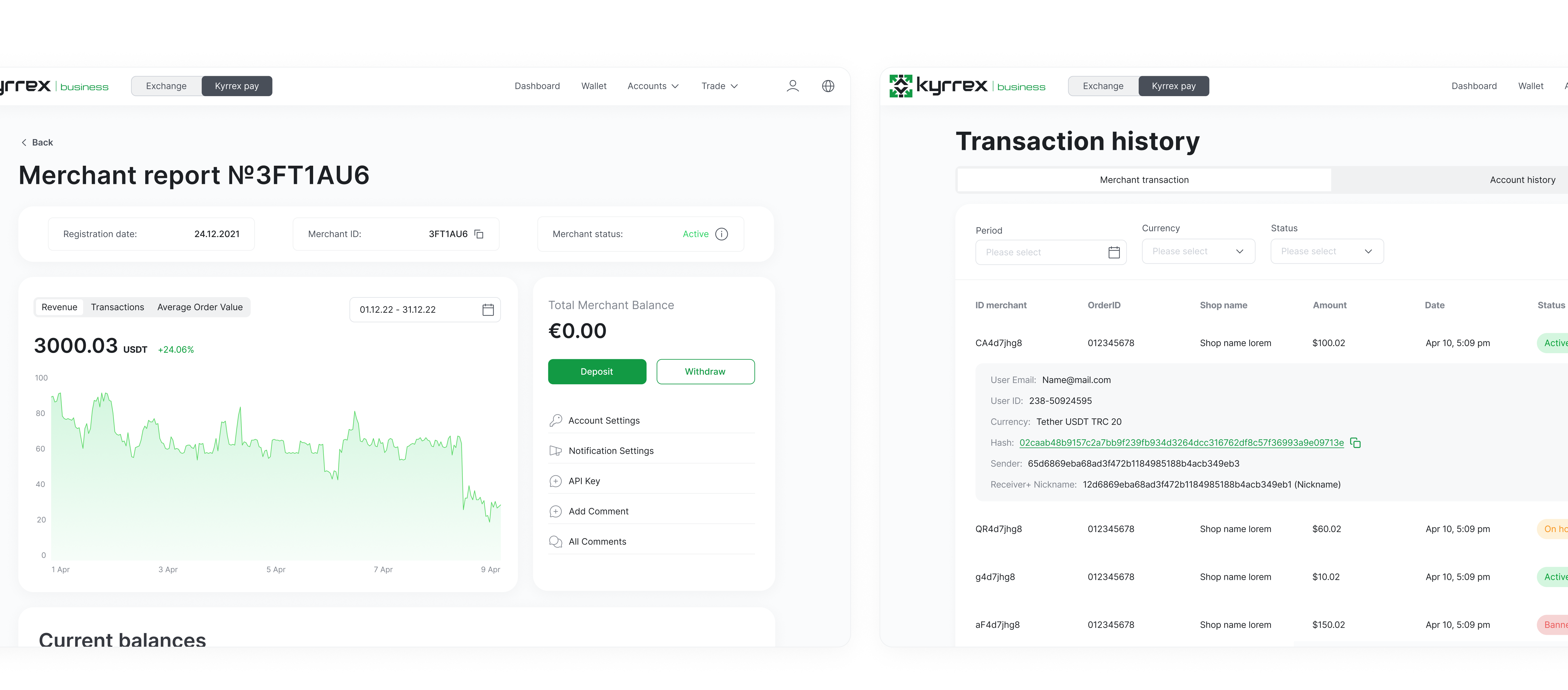 Kyrrex Pay as it was: a merchant report and a transaction history, both carrying more chrome than the task