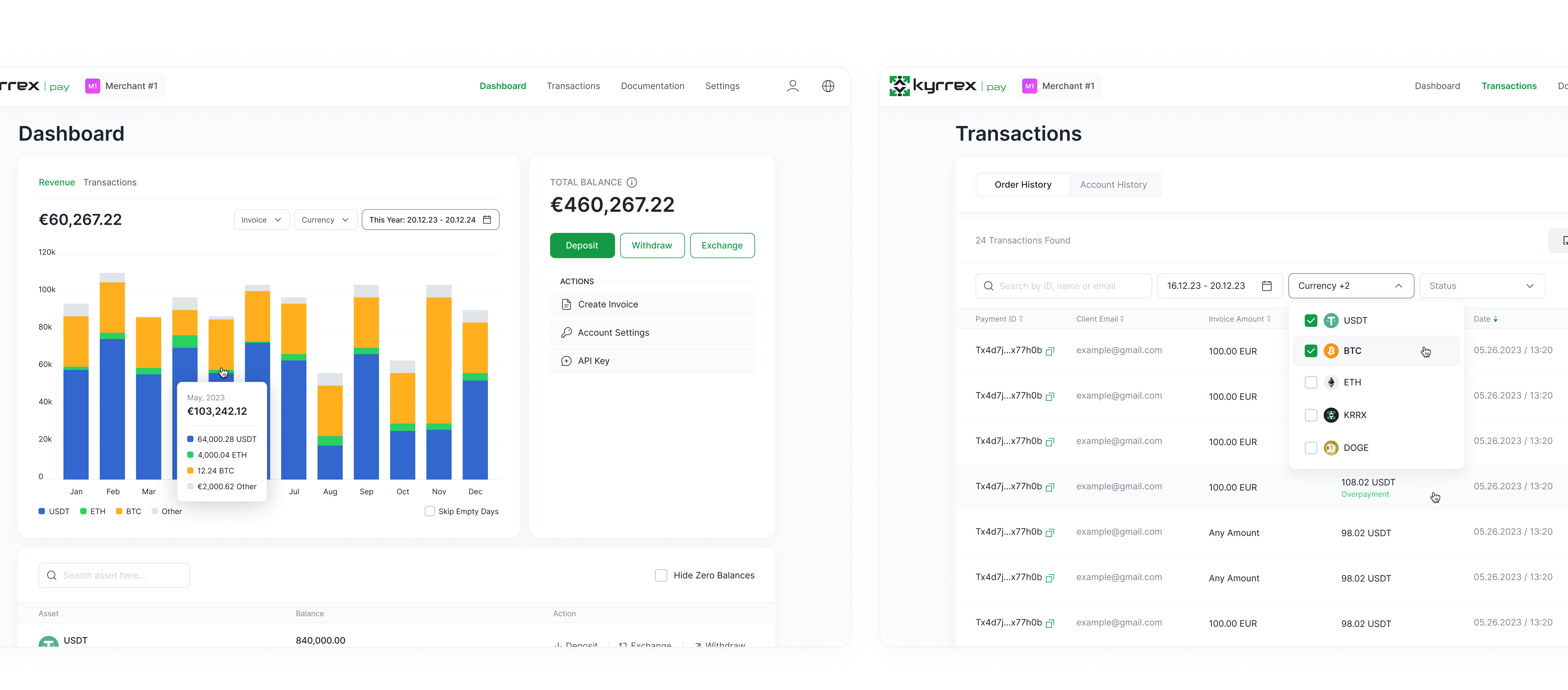 The same two screens rebuilt: the merchant dashboard and the transaction history on the new design system