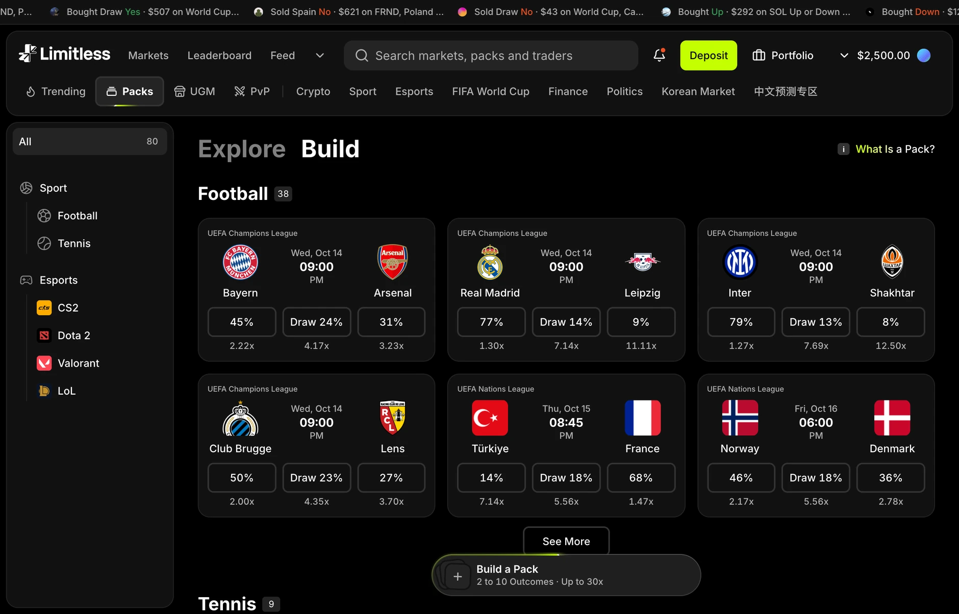 The Build tab: live matches grouped by sport, each with three outcome buttons carrying their own probability and multiplier