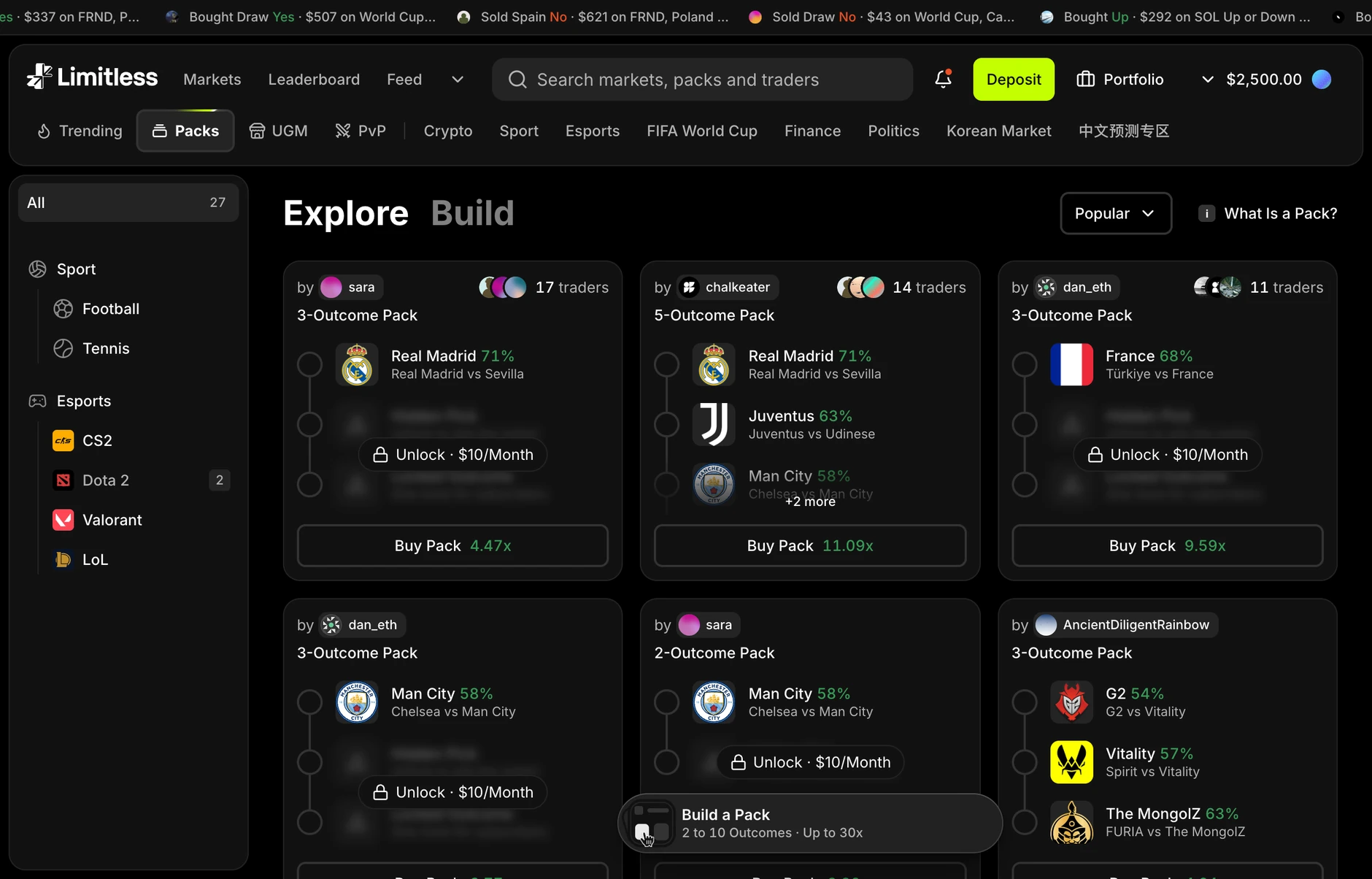 The Explore wall: each pack card names its creator and the number of traders who took it, with locked legs behind a subscription and the combined multiplier on the buy button