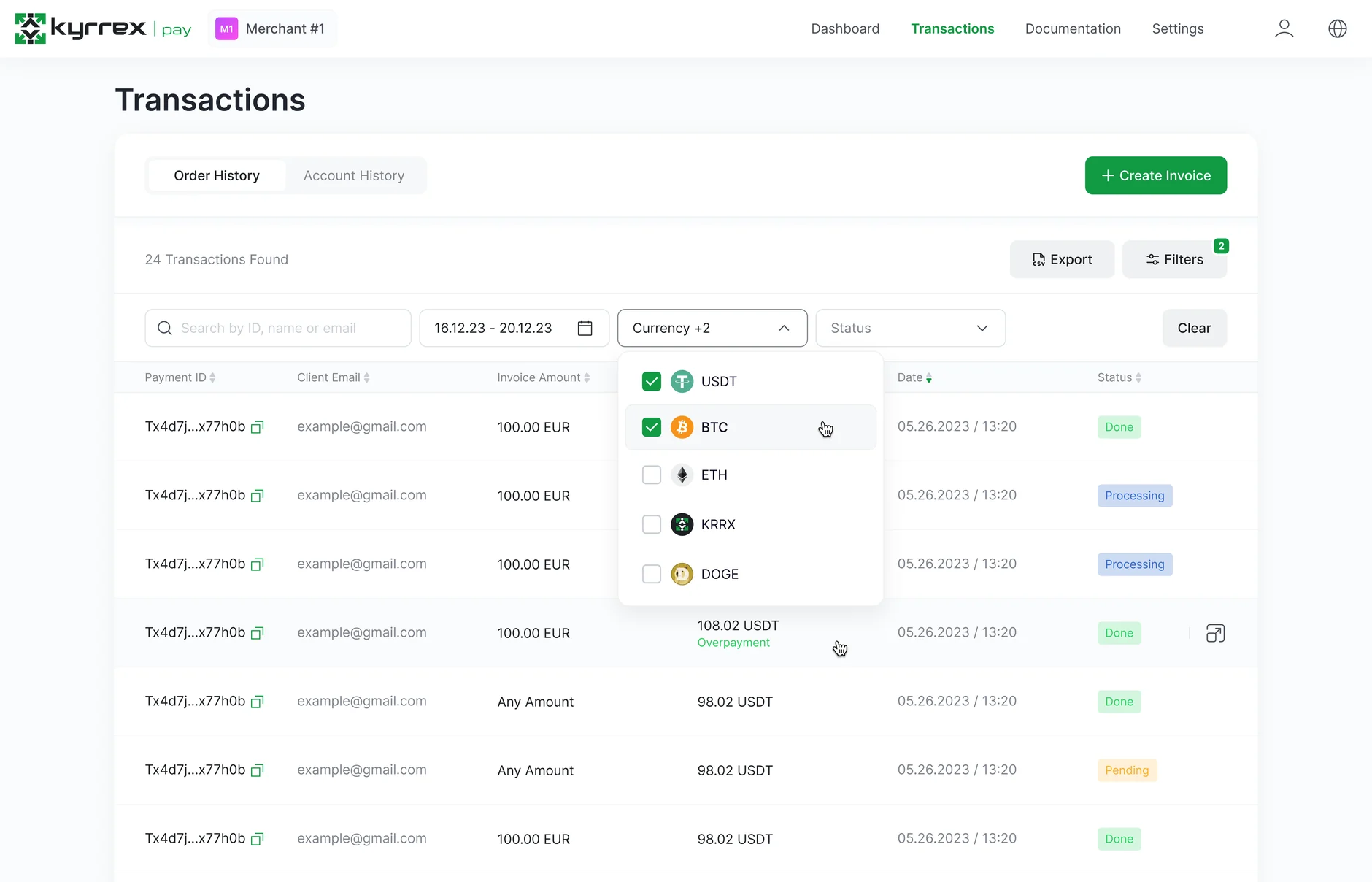 Order history, filtered by currency — the filter open mid-selection