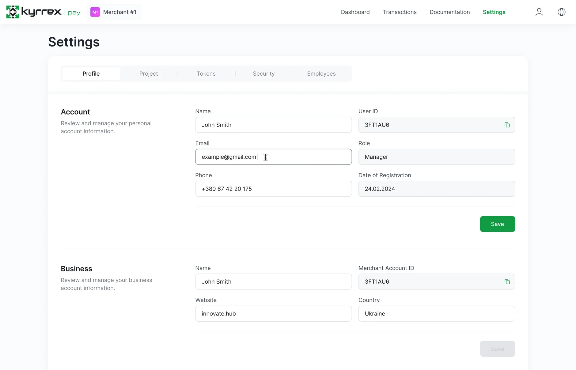 Settings: account and business details on one page