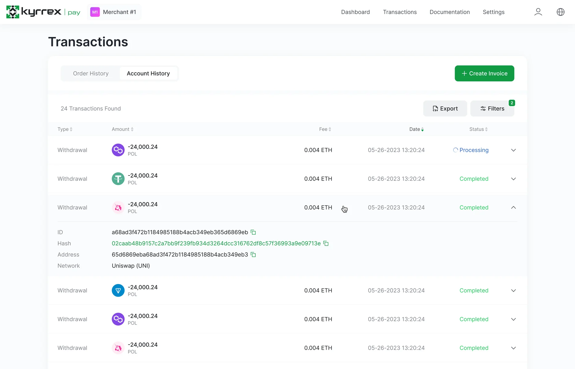 Account history with a withdrawal expanded to its hash and network